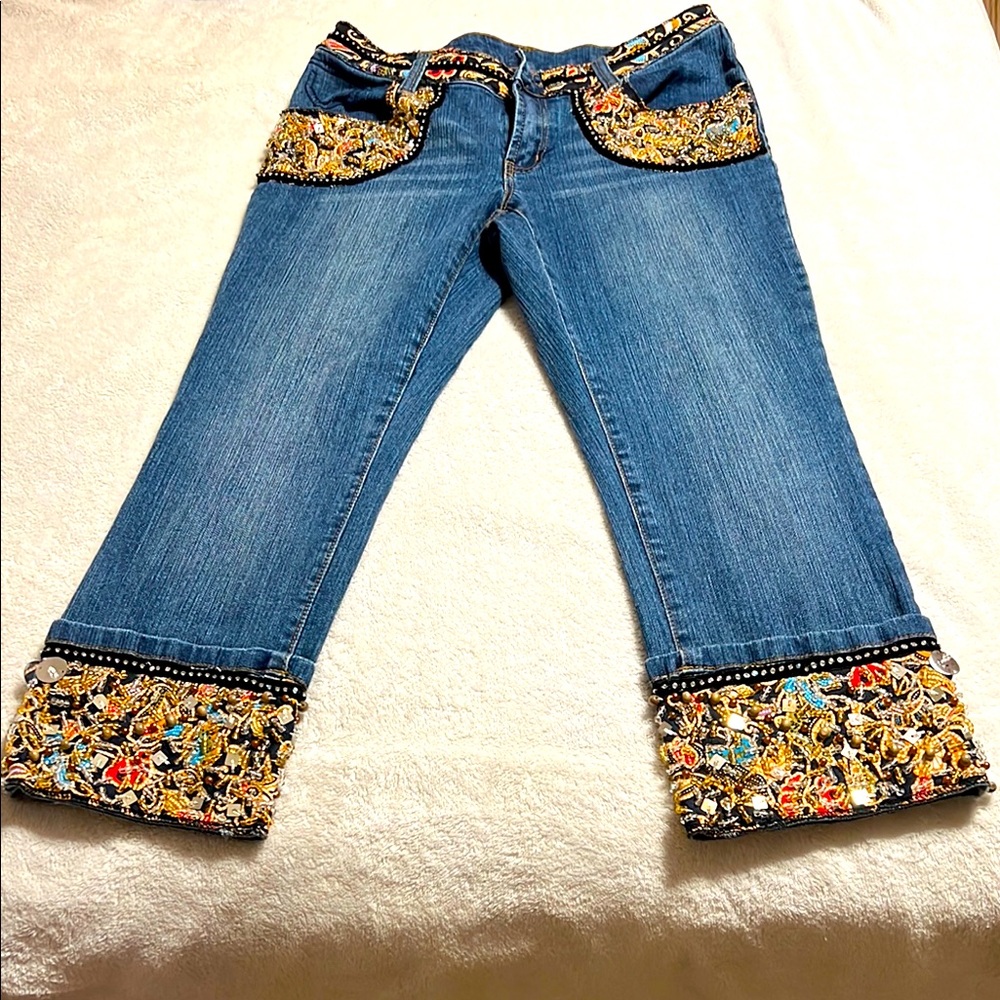 Boston Proper.  Blue Denim Mid Rise Capri with Beads and Rhinestones. Size 2.